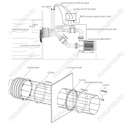 Противоток AquaViva WTB300T Kit (380V, LED, 60m3, 3kW, 4HP) вал AISI 316